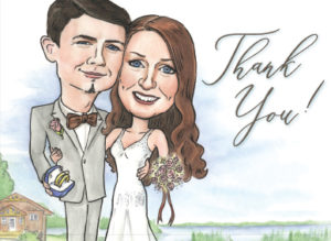 Wedding thank you card designed with caricature of bride and groom
