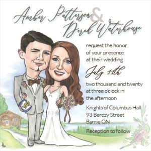 Wedding invitation designed with caricature of bride and groom