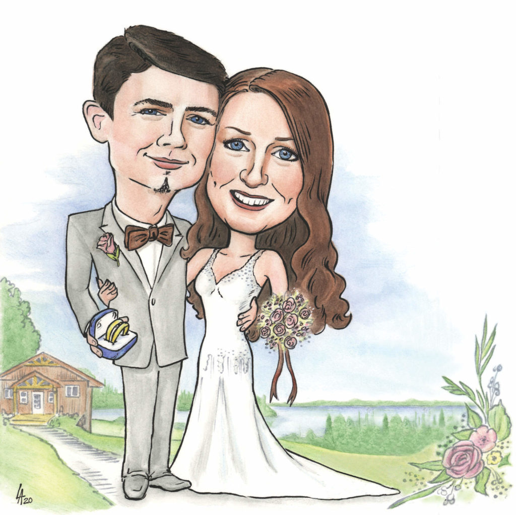 Wedding caricature of bride and groom for invitations and decorations at wedding