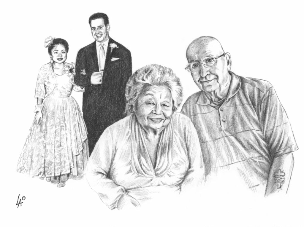 Then and Now anniversary portrait drawn in pencil on illustration board