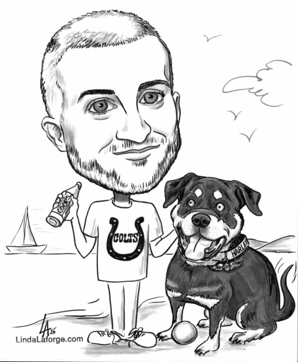 Caricature of a man and his dog Harley