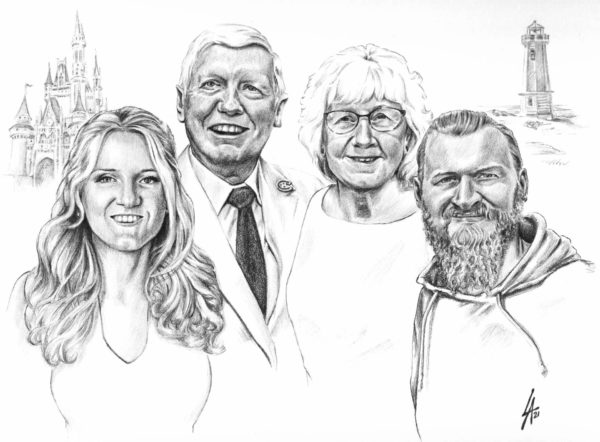 Pencil drawn portrait on illustration board of grown grandkids with thier grandparents
