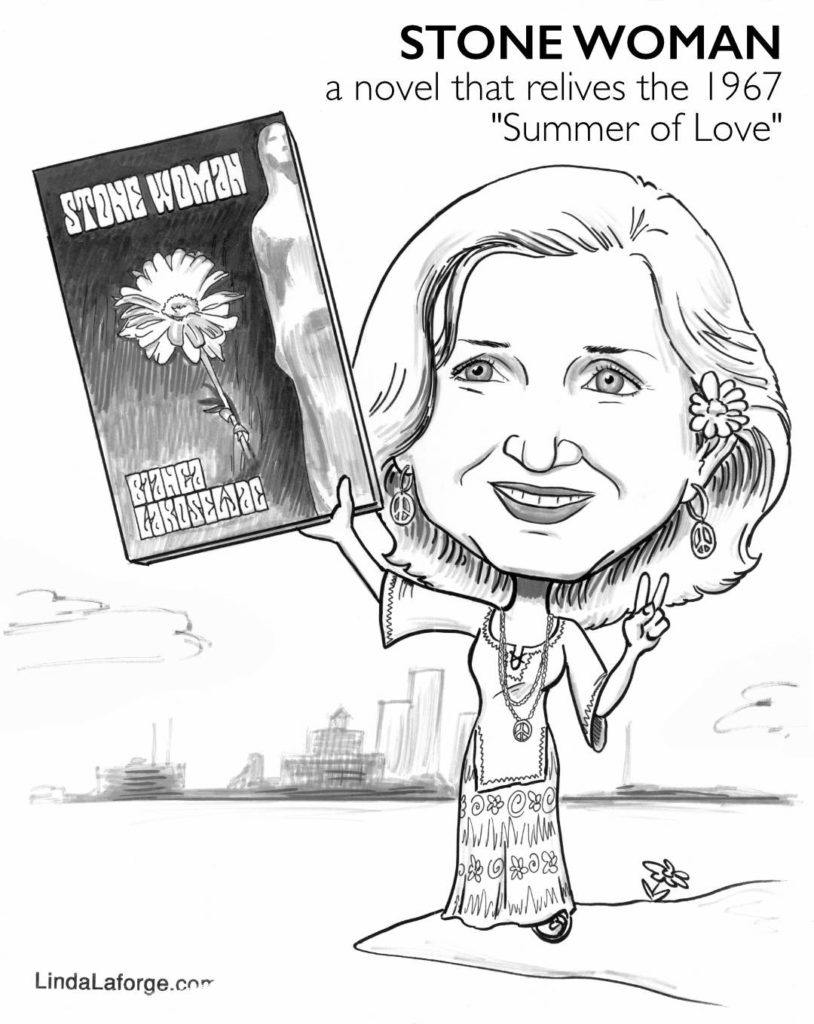 Caricature of an author holding her published book