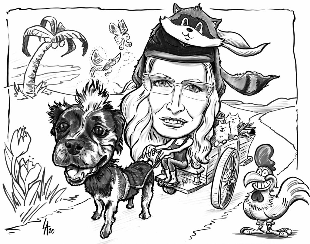 Caricature with an inside story, a woman on the road with her pets