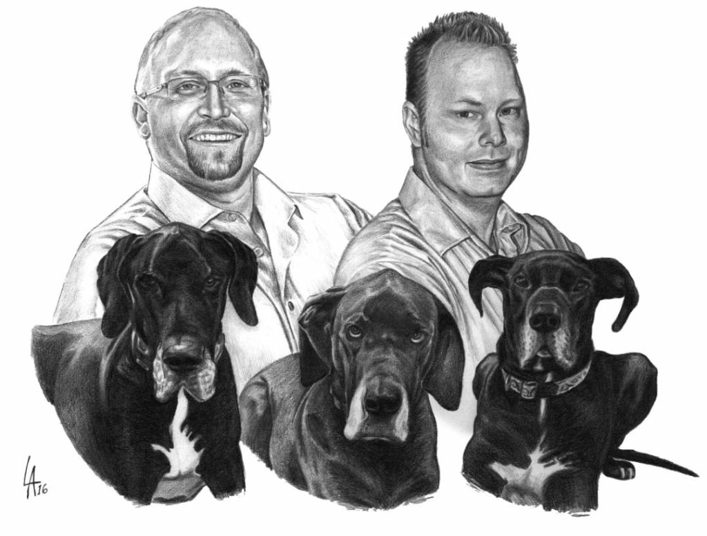 Pencil drawn pet and people portrait on illustration board of Great Danes and their humans