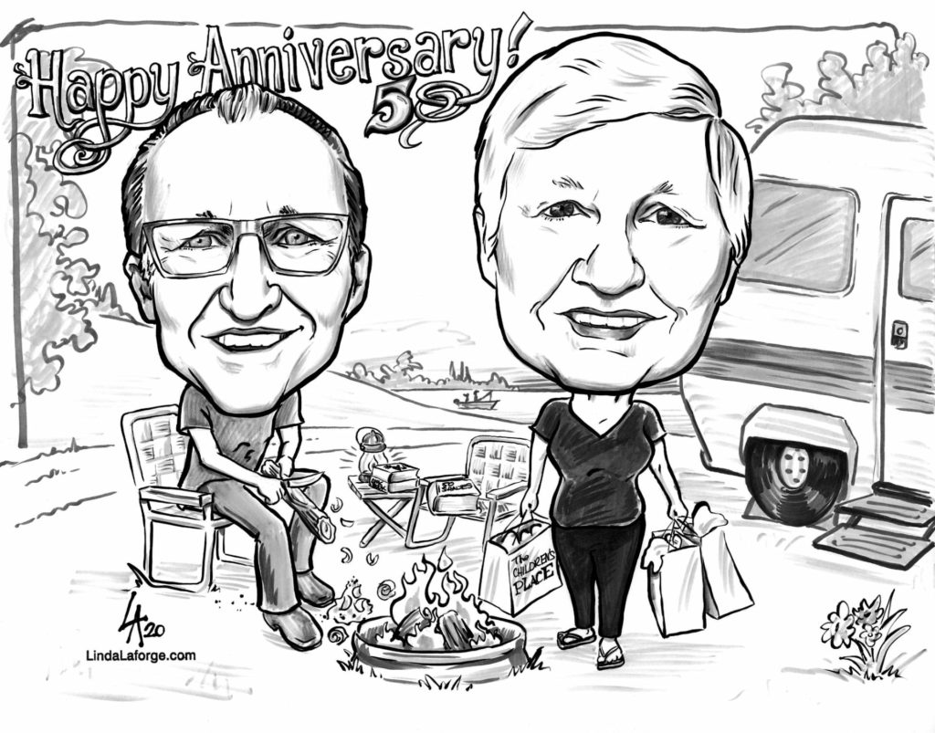 Caricature of happy couple enjoying their anniversary
