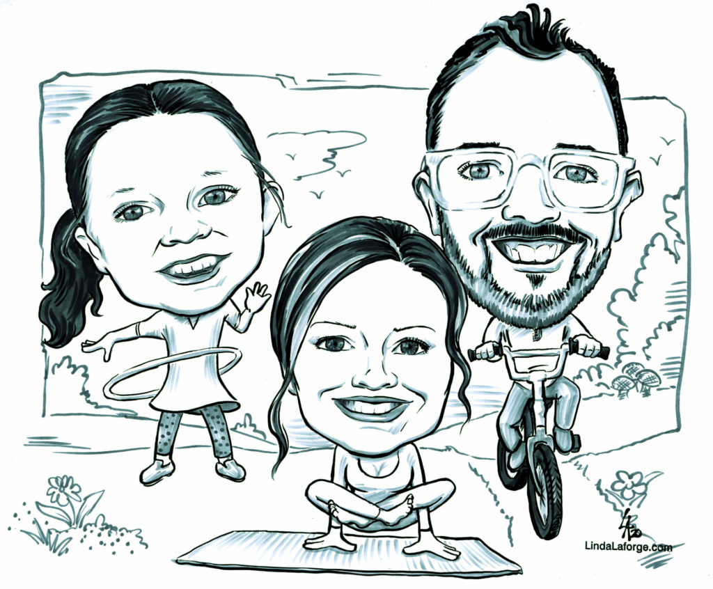 Caricature of family of three enjoying their favourite things