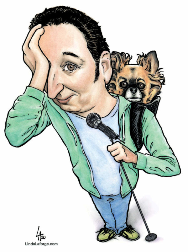 Comedian Jeremy Hotz on stage with his dog in a colour caricature