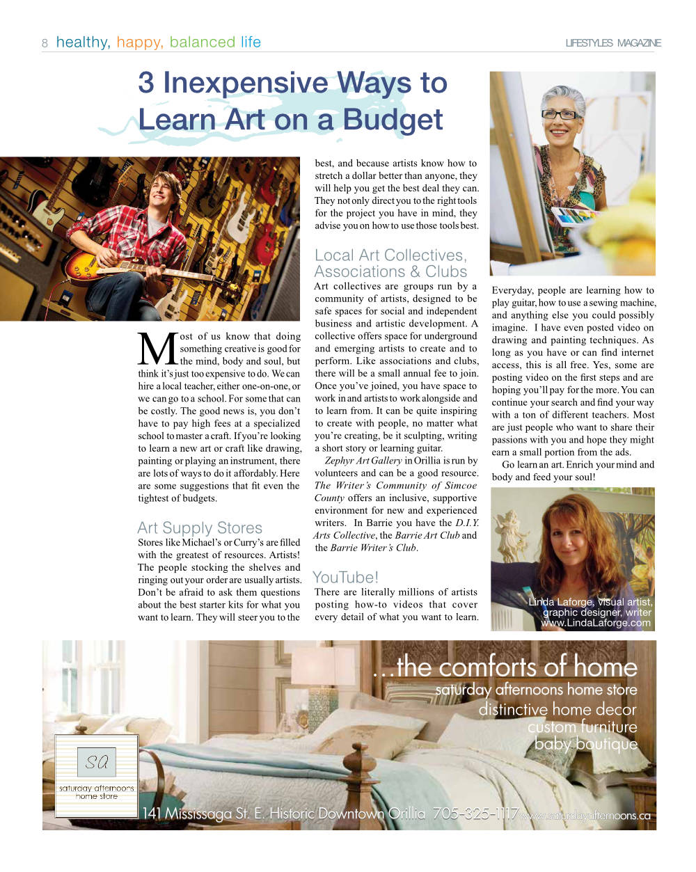 artist Linda Laforge writes about art on a budget in Lifestyles Magazine in Ontario Canada