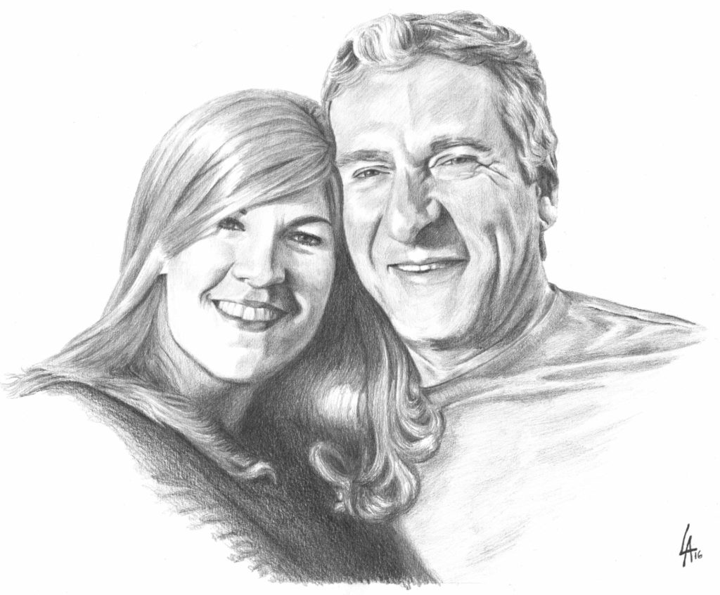 Pencil drawn portrait on illustration board of a loving couple