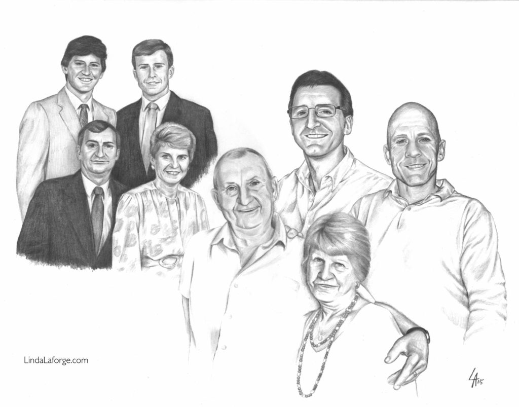 Then and Now pencil drawn portrait of the Burton family