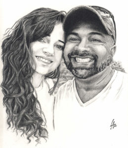 Pencil drawn portrait on illustration board of a loving couple