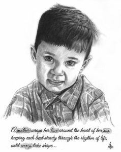 pencil drawn portrait on illustration board of a son