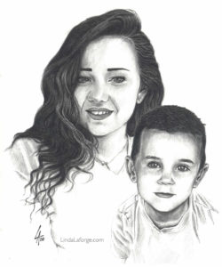 Pencil drawn portrait on illustration board of a mother and son