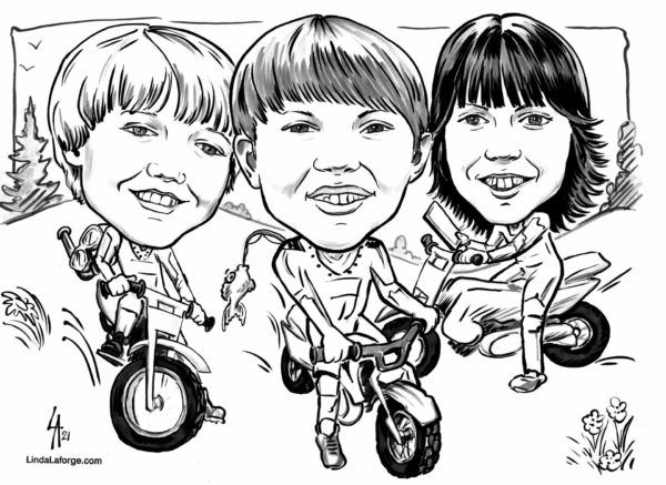 Caricature of three brothers on motorcross bikes