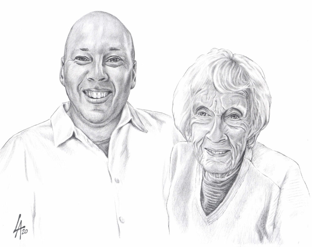 Pencil drawn portrait of a young man wiht his grandmother