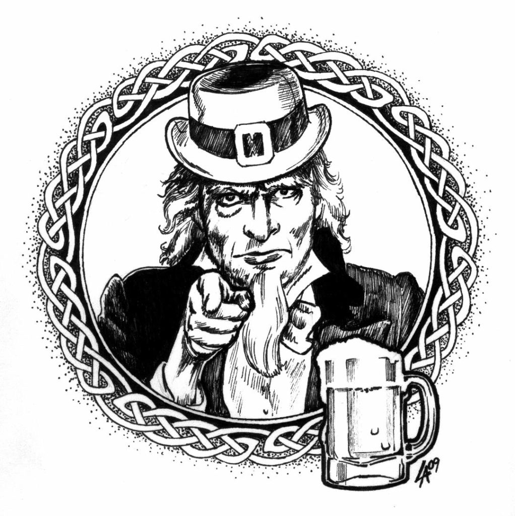 The Irish drinking team wants you! Celtic knot surrounds the ring leader.