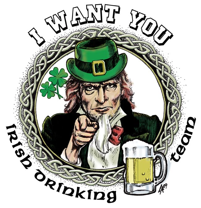 The Irish drinking team wants you! Celtic knot surrounds the ring leader.