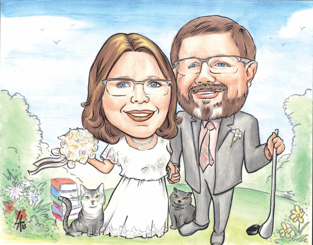 Colour caricature, mixed media of bride and groom with cats