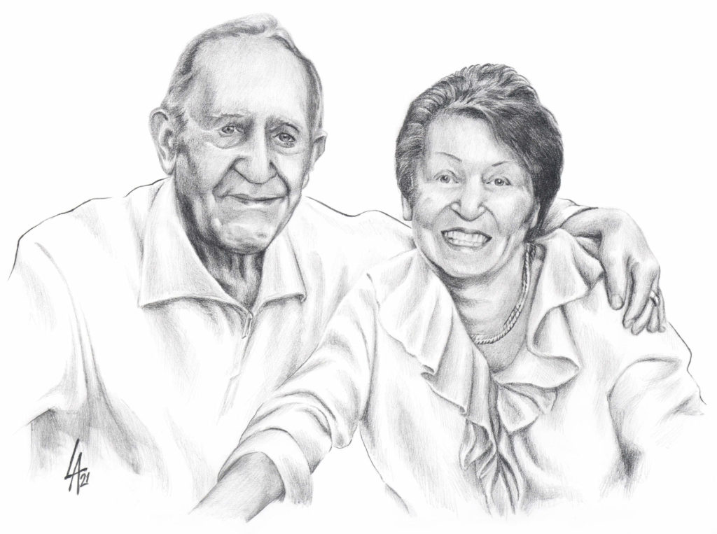 Pencil drawn portrait on illustration board of a loving couple for a special anniversary gift