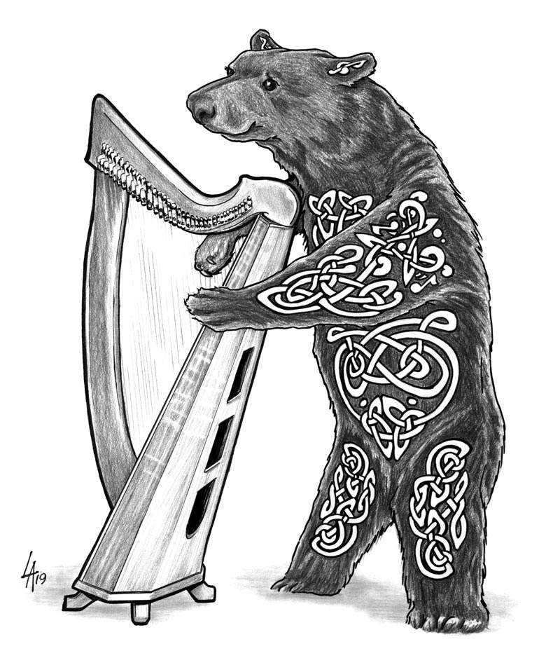 Harp playing bear with celtic knots on his body. A commissioned peice