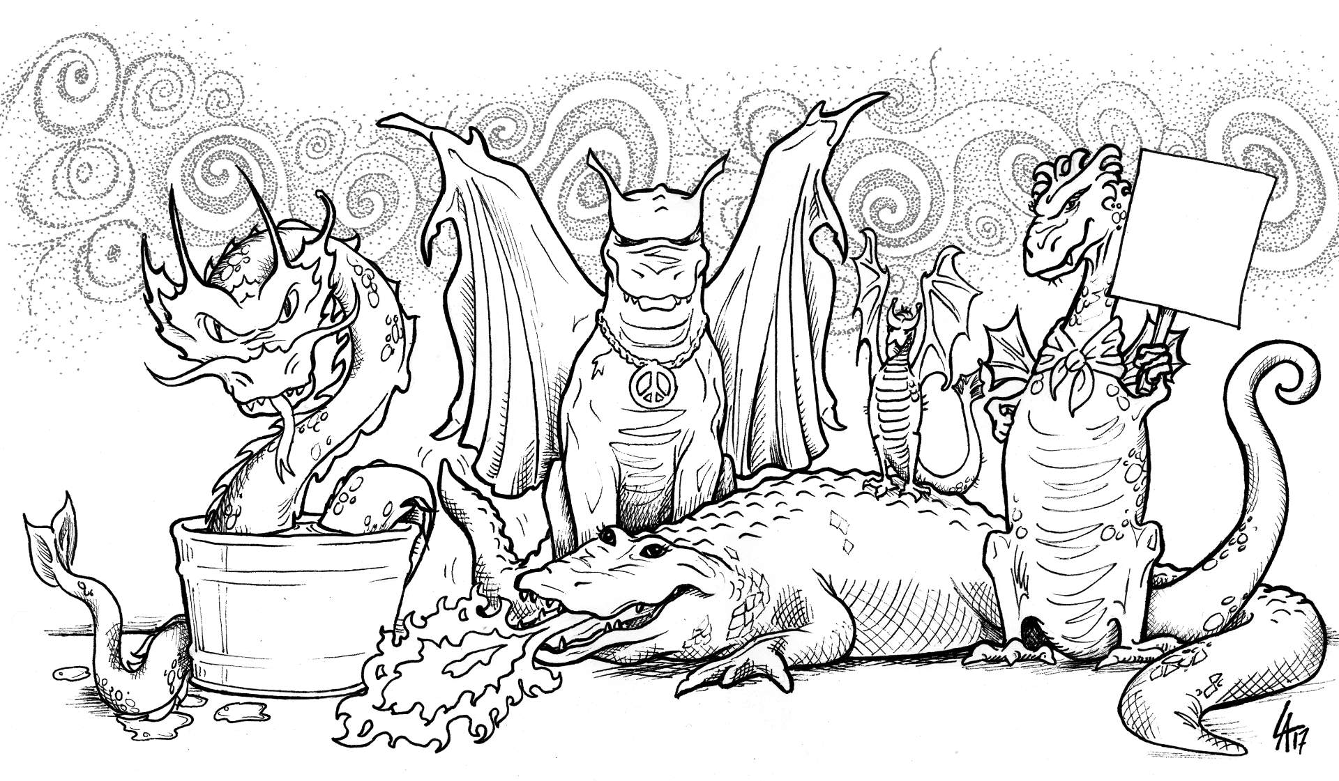 Five dragons illustrated for the cover of my colouring book, filled with other cool dragons.