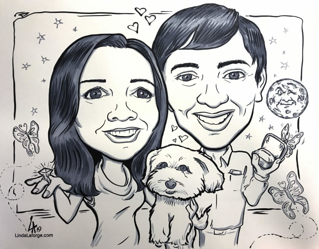 Wedding engagement caricature of new couple and their dog