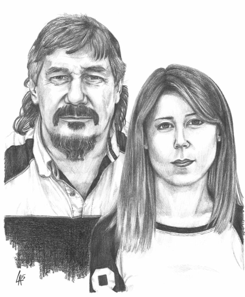 Pencil drawn portrait of a father and daughter