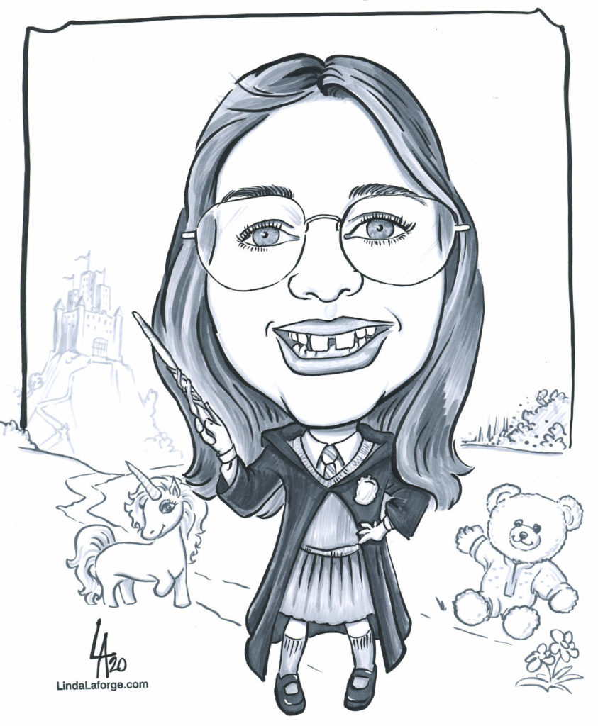 Caricature of girl who loves Harry Potter, teddy bears and unicorns