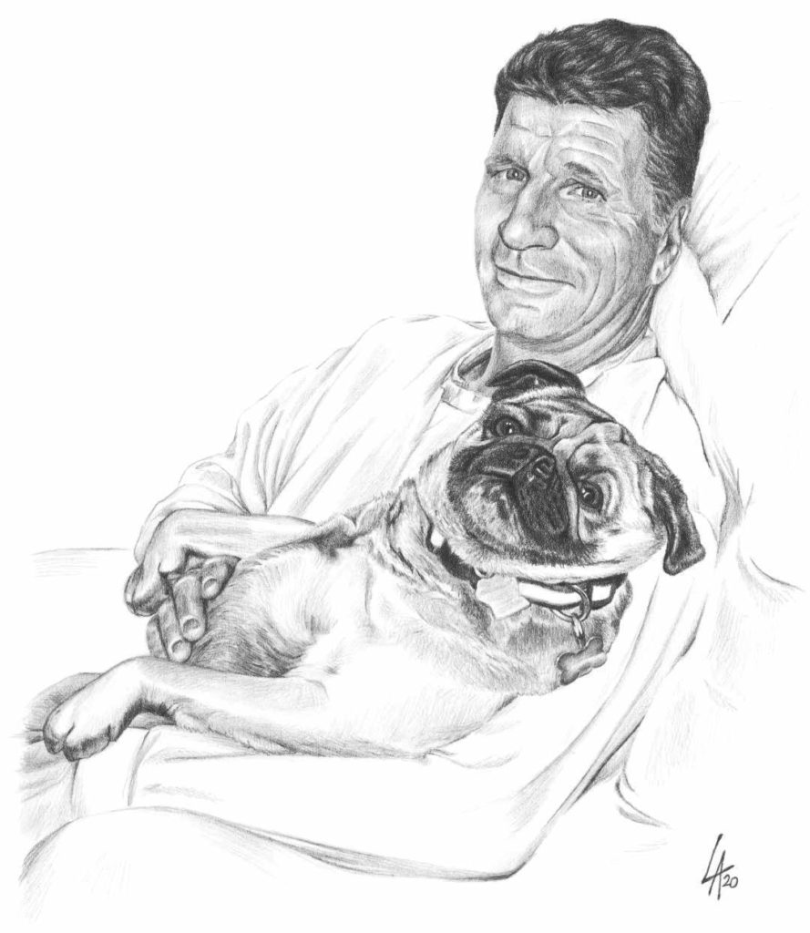 Pencil drawn portrait on illustration board of a pug and his person