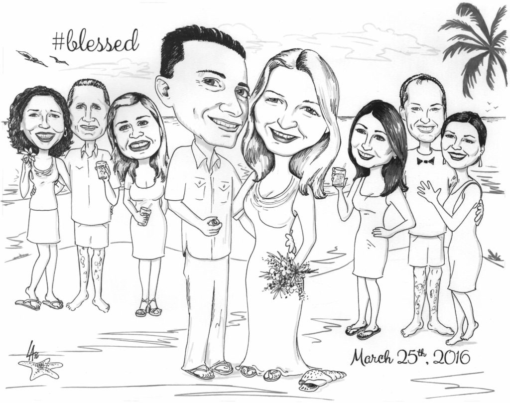 Wedding with caricature of bride and groom and bridal party on the beach