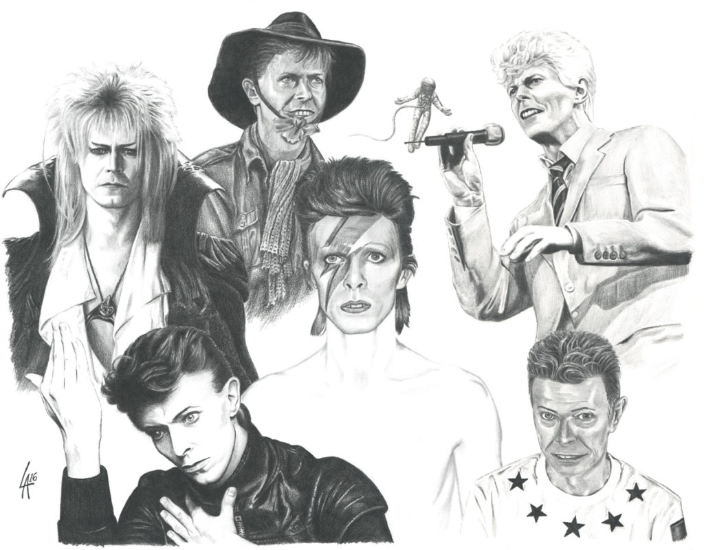 David Bowie portrait pencil drawing collage