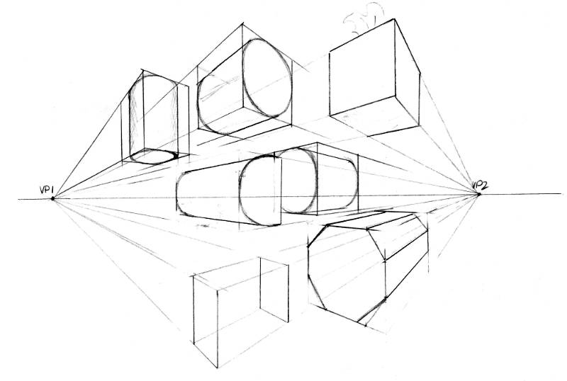 two point perspective shapes drawing exercise