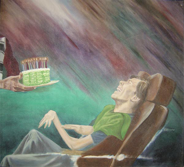 oil painted portrait of a man in a wheelchair enjoying chocolate birthday cake