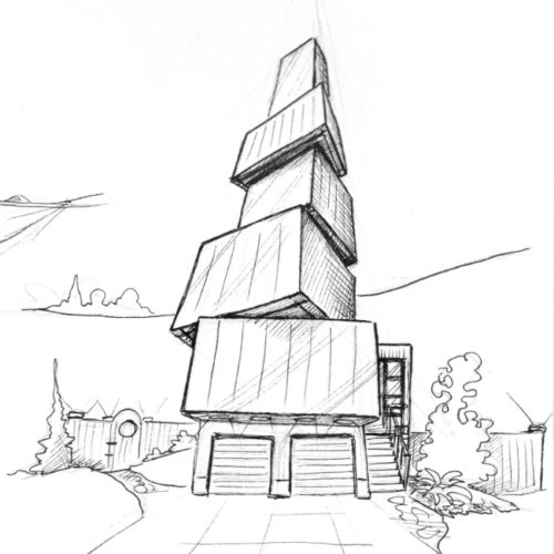 building drawn in ink using three point perspective