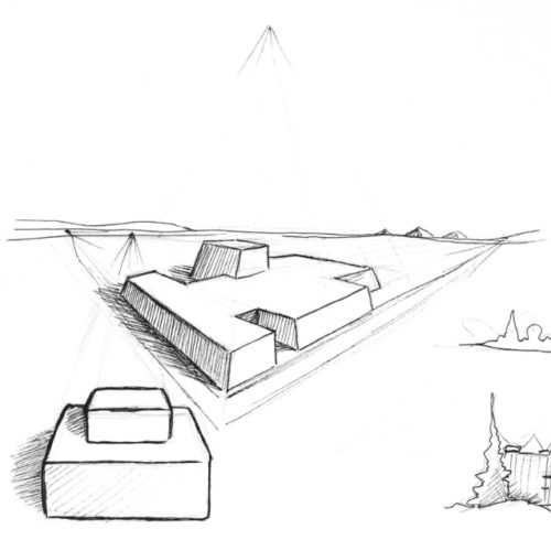 sketch of random square shapes in three point perspective