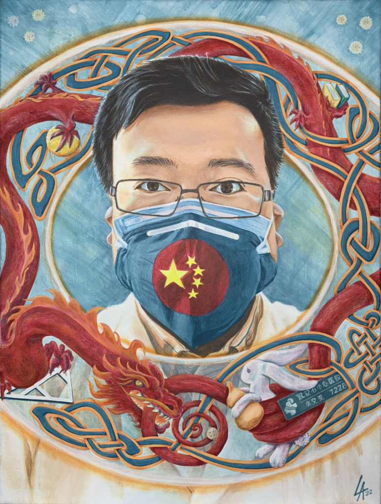 Painted portrait of Dr. Li Wenliang with celtic knot
