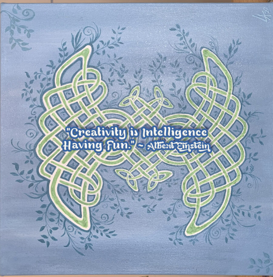 acrylic celtic knot painting, 12 x 12 with Einstein quote
