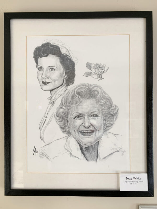 portrait drawing of Betty White framed