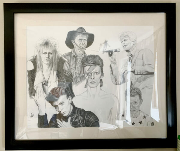 pencil drawing collage of David Bowie, original art framed