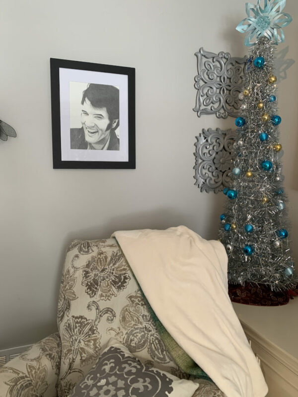 Pencil drawing of Elvis Presley, framed on the wall, Christmas gift