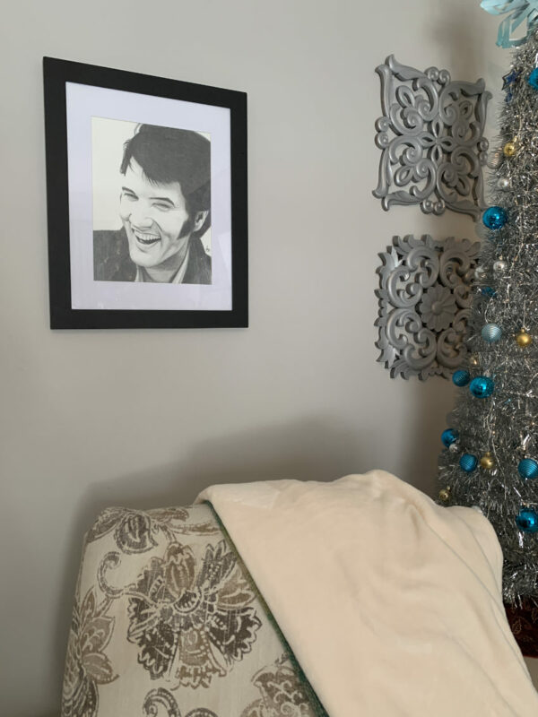 Pencil drawing of Elvis Presley, framed on the wall, Christmas gift