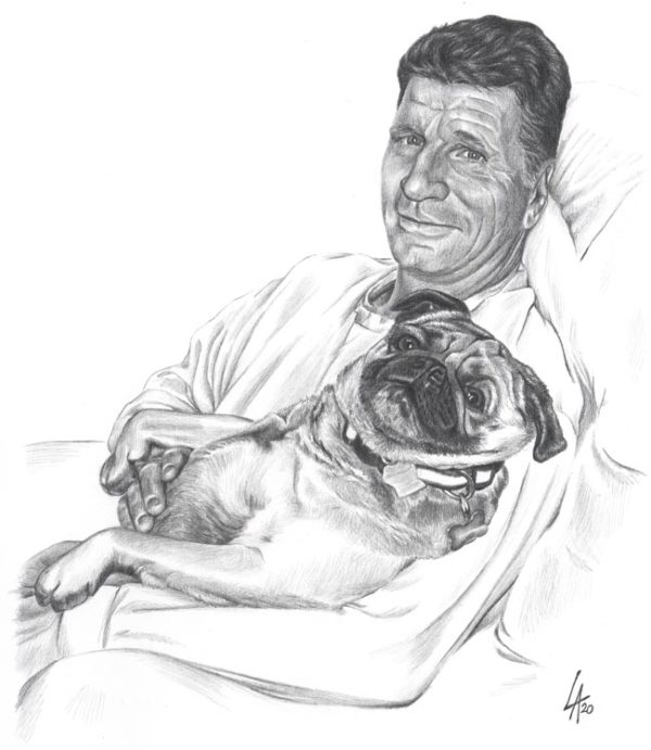 portrait of man with his pug, dog