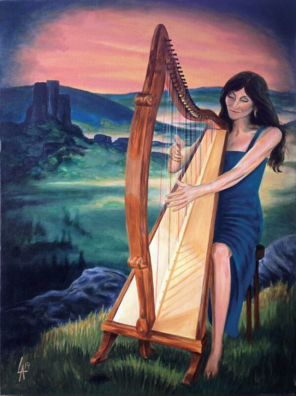 Original acrylic painting of a woman playing harp