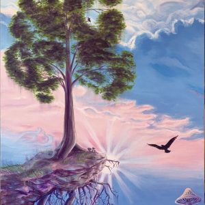 Breaking Free - painting of surreal landscape and tree with roots