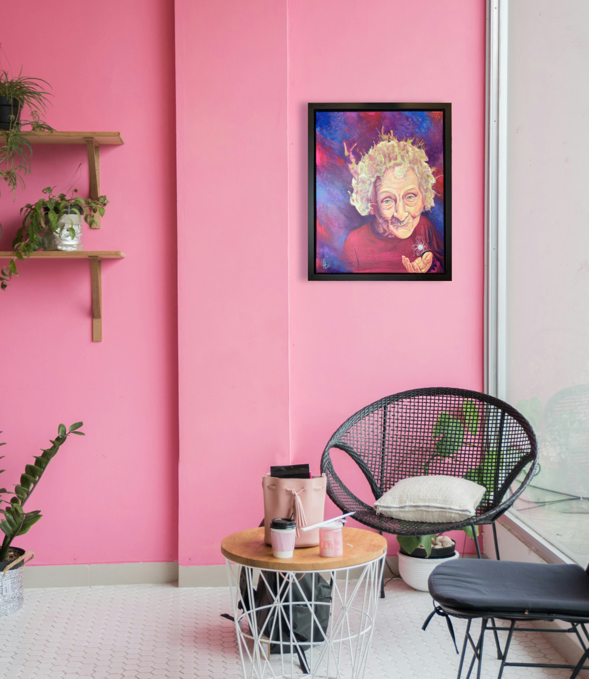 Mother Nature painting of her at the big bang, on a wall by a window