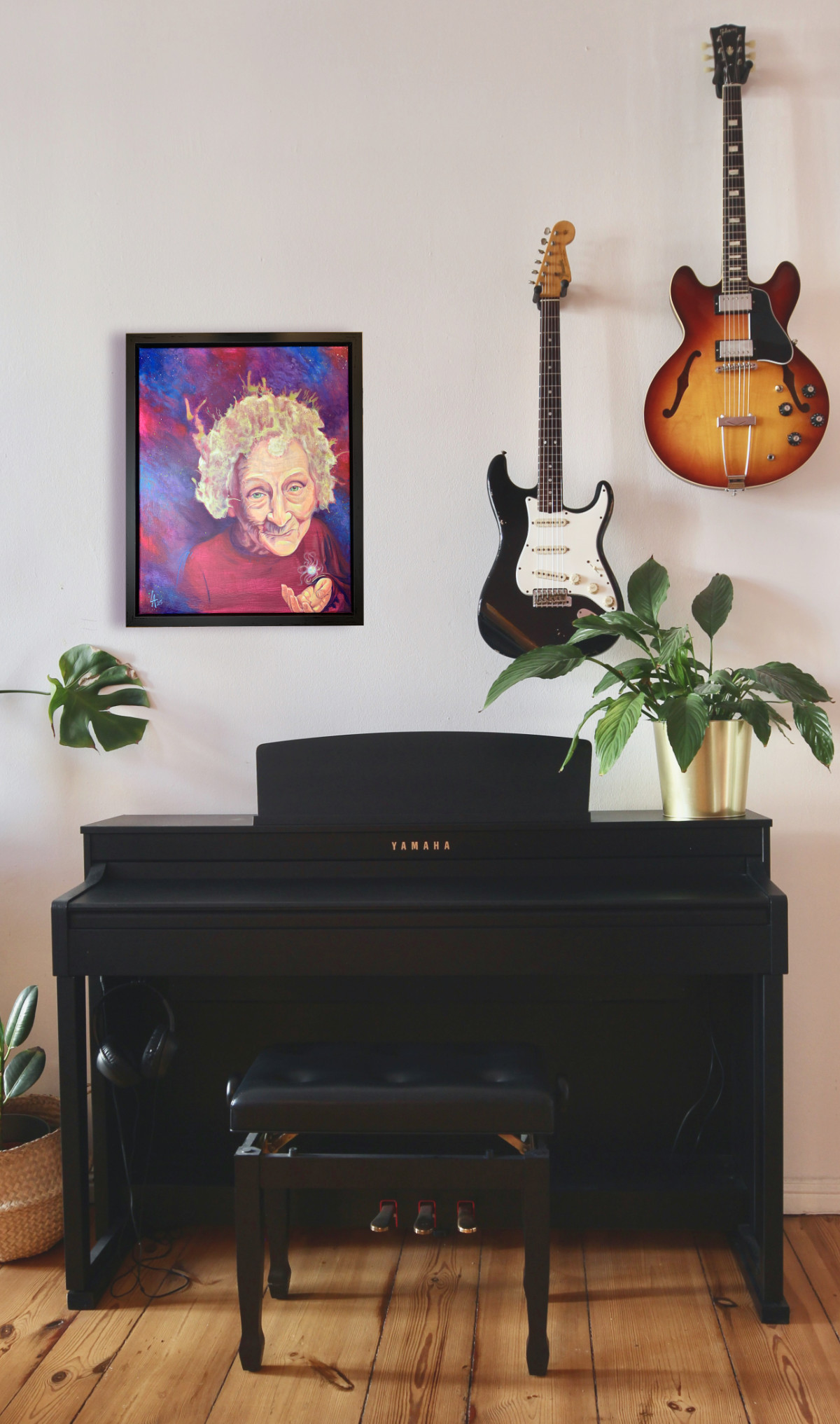 Mother Nature painting of her at the big bang, hanging over a piano
