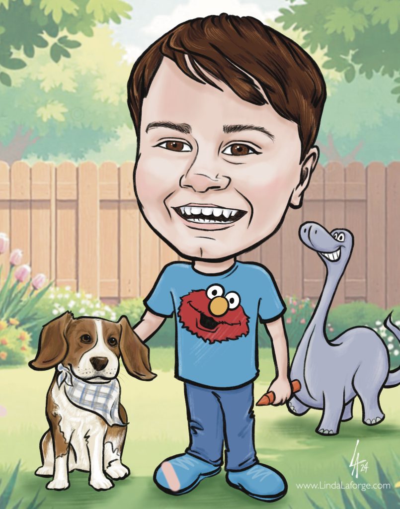 caricature of a little boy and his dog commissioned by their grandma.