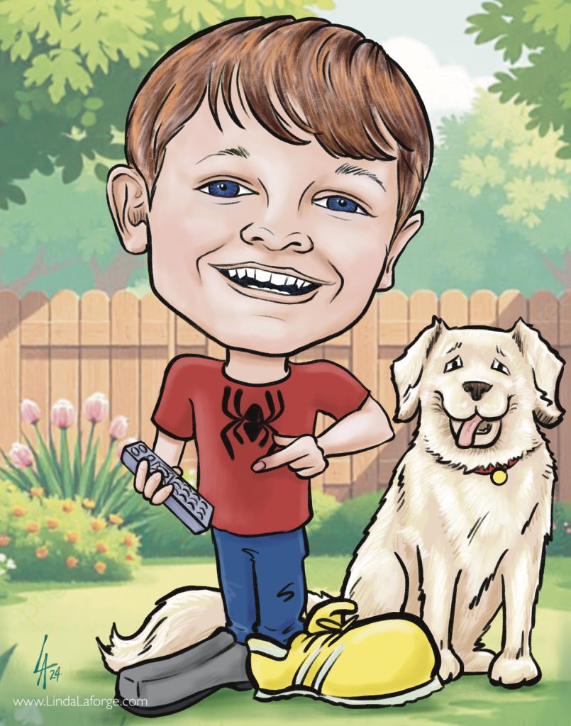 caricature of a little boy and his dog commissioned by their grandma.