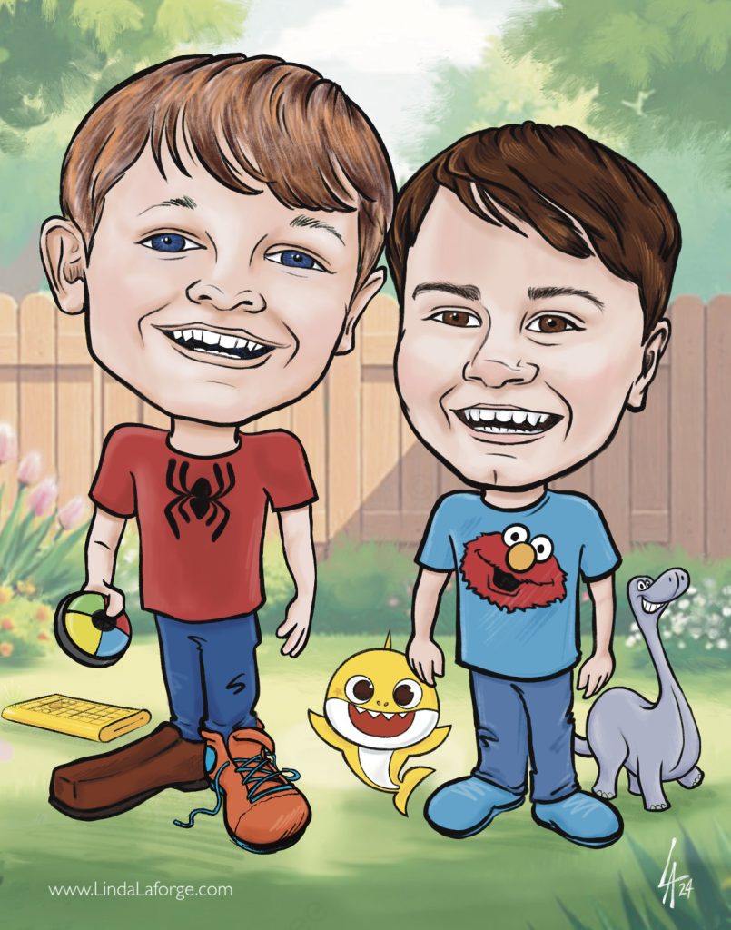 caricature of two little boys who are cousins commissioned by their grandma